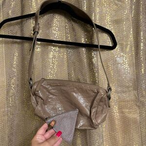 Free People Shiny Leather Taupe Aurora Shoulder Bag With Leather Coin Purse